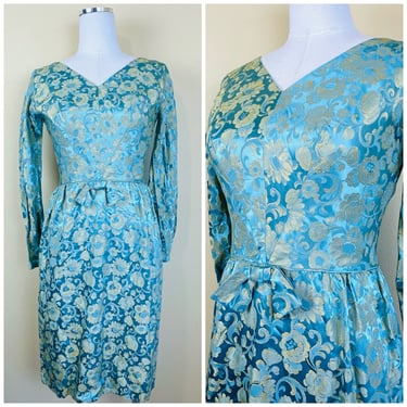 1960s Vintage Teal and Gold Floral Wiggle Dress / 60s / Sixties Brocade Bow Waist Party Dress / Size Small 