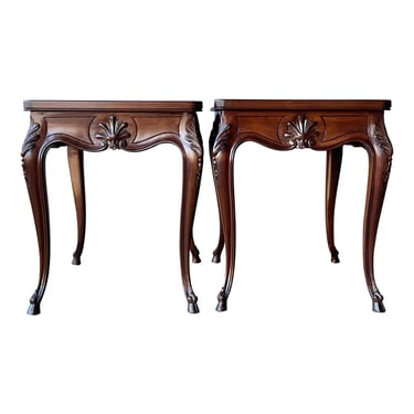 Carved Country French Walnut Side Tables - a Pair 