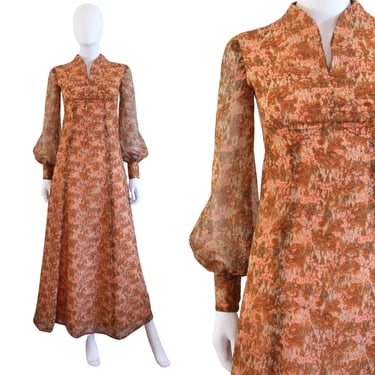 1970s Orange & Brown Meadow Flowers Nylon Chiffon Maxi Dress - 1970s Regency Revival Dress - 1970s Empire Waist Dress | Size XS /. Small 
