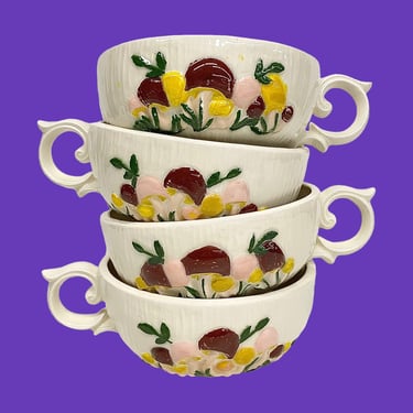Vintage Soup Bowls Retro 1970s Bohemian + Merry Mushrooms Style + White Ceramic + Set of 4 + With Handles + Boho Kitchen + MCM Serving Bowls 