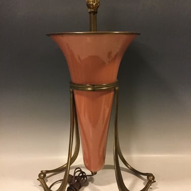 Large Chapman Pink Lamp with Bronze Hollywood regency Stand, MCM lamp, Hollywood Regency end table lamp, 1985 lamps, 