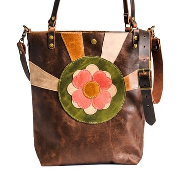 Limited Edition | New Spring Krista Flower Tote | Large North South Leather Bag | Handmade Mahogany 