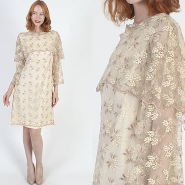 All Lace Illusion Mini Dress Vintage 60s Elegant Bell Sleeve Frock See Through Sheer Material Mid Century Modern Dress 