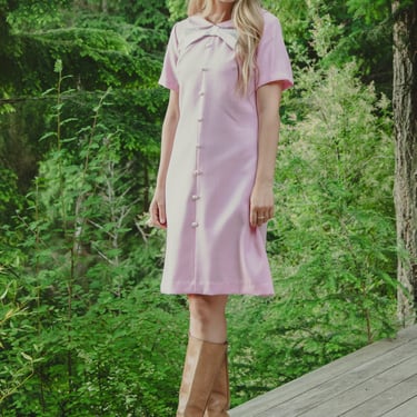 Vintage 60s Mod Dress, Deadstock Pink Button Front Dress w Bow, 1960's Babydoll Dress 