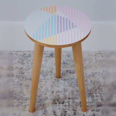 Stripes & Shapes Artwork Round Side / End / Coffee / Bedside Table on Wooden Legs - Lamp / Plant Stand - Scandi - Japandi - MCM - Retro 