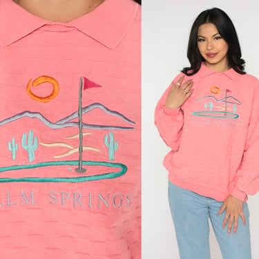 Palm Springs Sweatshirt 90s Pink Golf Course Collared Sweatshirt California Desert Graphic Pullover Checkered Texture Vintage 1990s Medium M 