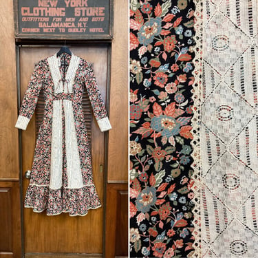 Vintage 1970’s Black Background Gunne Sax Style Boho Floral Cotton Lace Detail Maxi Dress, Ren Faire, Gunne Sax Style, 1970’s, Floral, Maxi 
