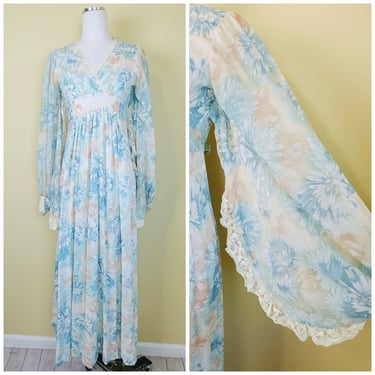 1970s Vintage Pastel Blue and Cream Angel Sleeve Gown / 70s Romantic Floral Wrap Blouson Sleeve Prairie Dress / Small 