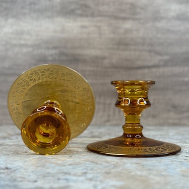Amber Chic Candlesticks with Gold Floral Pattern - Set of 2, Vintage Decor 
