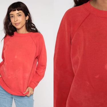 Red Crewneck Sweatshirt 80s Sweatshirt Distressed Raglan Sleeve Plain Shirt Slouchy 1980s Vintage Sweat Shirt Blank Medium 