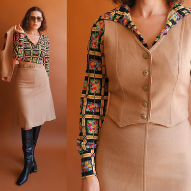 Vintage 70s Camel Two Piece Suit/ 1970s Vest and Skirt Matching Set/ Size XS 