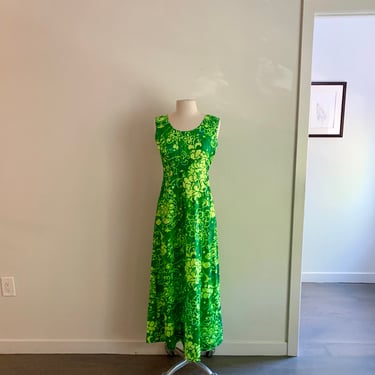 Alfred Shaheen Stores Waikiki Hawaii green tropical print hostess dress-size S 