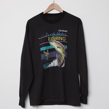 vintage 1980s 90s COLORADO black long sleeve fresh water FISHING crewneck vintage t-shirt -- size large 