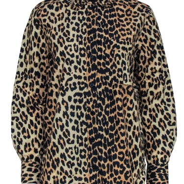 Ganni - Brown &amp; Black Leopard Print Button Front Shirt Sz 6