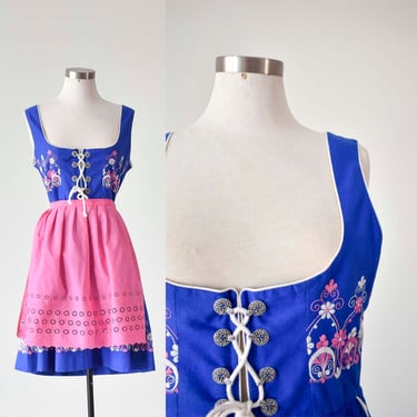 Vintage Dirndl Dress / Vintage German Jumper Dress with Apron / Vintage Blue and Pink Bavarian Dirndl Dress / Oktoberfest Dress w Pink Apron 