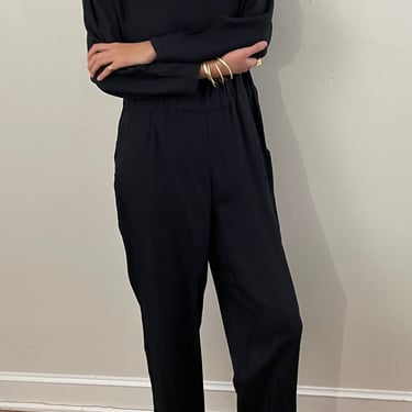90s jumpsuit / vintage black crepe batwing one piece baggy jump suit | Large 