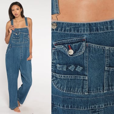 90s Denim Overalls Blue Jean Overall Pants Suspender Bib Pants Tapered Straight Leg Jeans Hipster Retro Vintage 1990s 20W 