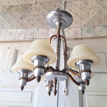 Art Deco Custard Glass Chandelier, Mixed Metal Light Silver and Bronze, Custard Slip Shade Chandelier, Architecture Salvage 