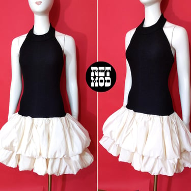 Adorable Vintage 80s 90s Black & White Drop Waist Poof Halter Stretch Party Dress by Nuance 