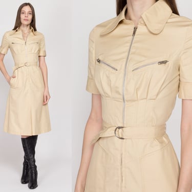 XS 70s Khaki Safari Midi Shirtdress | Vintage Minimalist Zip Front Belted Short Sleeve Collared Cargo Dress 