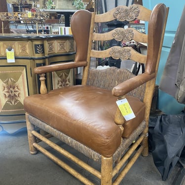Leather And Wood Winged XL Arm Chair