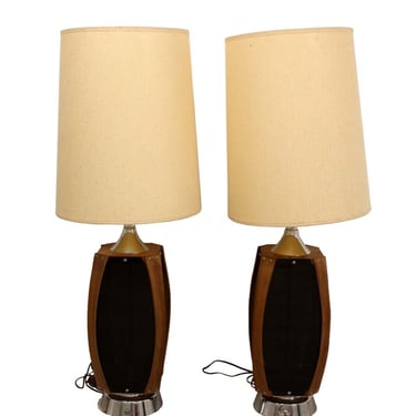 Mid Century Modern Pair of Smoked Glass & Wood 1970s Lamps 