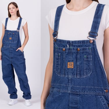 80s Big Ben Wrangler Unisex Overalls - 36x34, Men's Large, Women's XL | Vintage Dark Wash Denim Overall Pants Blue Jean Dungarees 