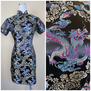 1990s Vintage Rainbow Dragon Cheongsam / Brocade Multi Color Embroidered Wiggle Dress / Size Large 