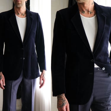 Vintage 70s Yves Saint Laurent Rich Navy Blue Velvet Two Button Blazer | Made in France | 1970s YSL Designer Tailored Mens Smoking Jacket 