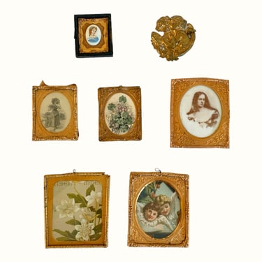 5 Vintage miniature gold metal framed cut postcard pictures, ambrotype, & gold putti Christmas ornament. Damaged recycled craft art supplies 