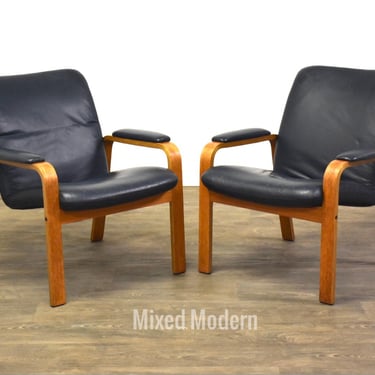 Blue Leather Lounge Chairs by Ekornes - A Pair 