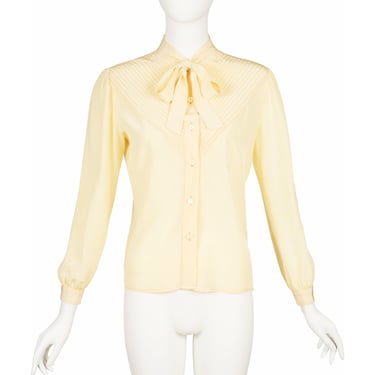 Céline 1970s Vintage Pintuck Pale Yellow Silk Tie-Neck Blouse Sz S M 