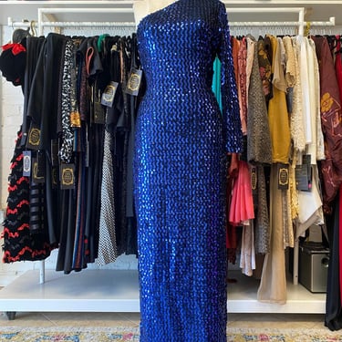 vintage 1980s metallic blue sequin one shoulder fitted gown by Climax, medium 