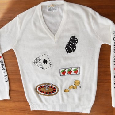 Vintage 1960's Gambling Las Vegas Mid Century Pullover Sweater, Novelty, POKER, Cards, White, Shirlee Cyn Les, Top, V Neck, 1970's 