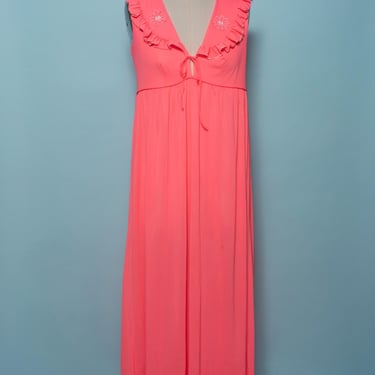 1960s Neon Coral Pink Empire Waist Nightgown with Ruffle Collar and Tie 
