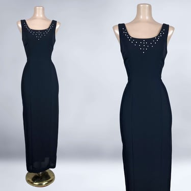 VINTAGE 80s 90s Embellished Black Maxi Cocktail Dress by Rampage Sz 5 | 1980s 1990s Long Column Party Prom Dress | VFG 