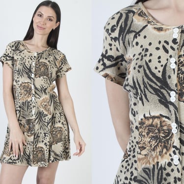 Lion And Tiger Print Babydoll Dress, Tropical Safari Sundress, Vintage 90s Mini Length 