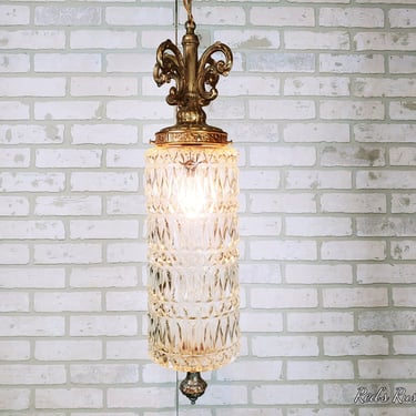 Mid Century Diamond Faceted Glass Chain Hanging Swag Lamp Light 