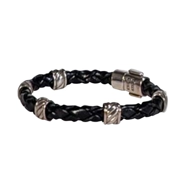 David Yurman - Black Braided Leather Bracelet w/ Sterling Silver Details