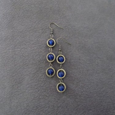 Royal blue frosted glass earrings, geometric earrings, artisan bronze 