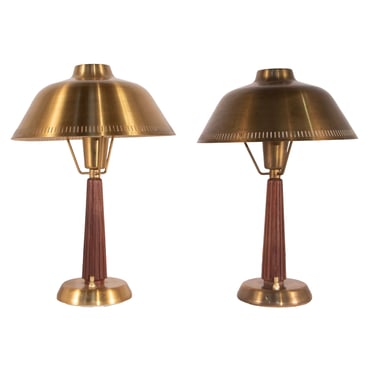 #211 Pair of Table Lamps in Brass and Wood by Hans Bergstrom
