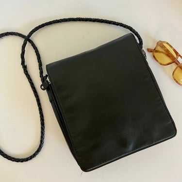 Vintage 90s Black Leather Square Woven Strap Crossbody Bag 