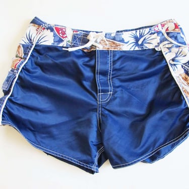 Vintage Y2K Womens Hawaiian Board Shorts S M - 2000s Navy Blue Hibiscus Cargo Pocket Ruched Nylon Swim Surf Shorts - High Cut Micro 