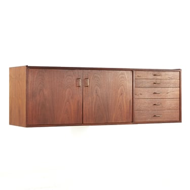 Jens Risom Mid Century Walnut and Brass Wall Mount Credenza - mcm 