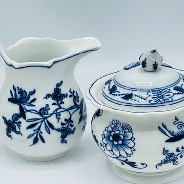 Antique Meissen Blue Onion Sugar Bowl Lidded and Creamer Rose Blue and White Crossed Swords 