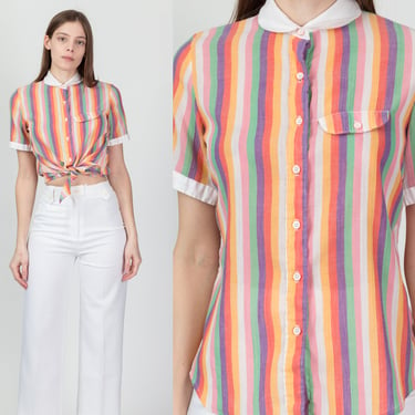 70s 80s Striped Peter Pan Collar Blouse - Small | Vintage Button Up Collared Short Sleeve Top 