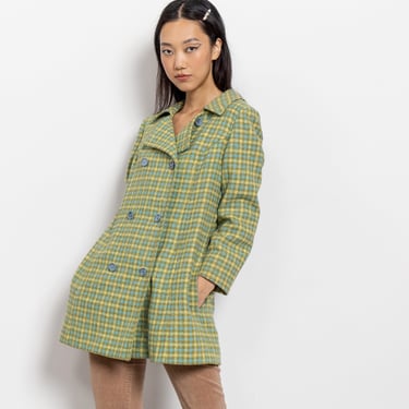 GREEN CHECKERED PENDLETON Wool Coat Double Breasted Vintage Cute Yellow Fall / Small 