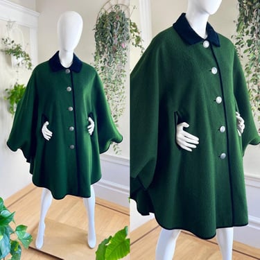 Vintage 1970s Cape | 70s Austrian Wool Forest Green Velvet Collar Swing Overcoat | small/medium/large/x-large 