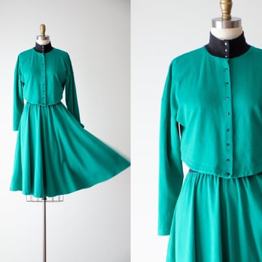 green knit skirt set | 80s vintage Linda Lewis kelly green cotton jersey skirt 2 piece set 