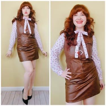 1970s Vintage Faux Leather Drop Waist Dress / 70s Mod Vinyl Brown Mini Dress / Size Medium 